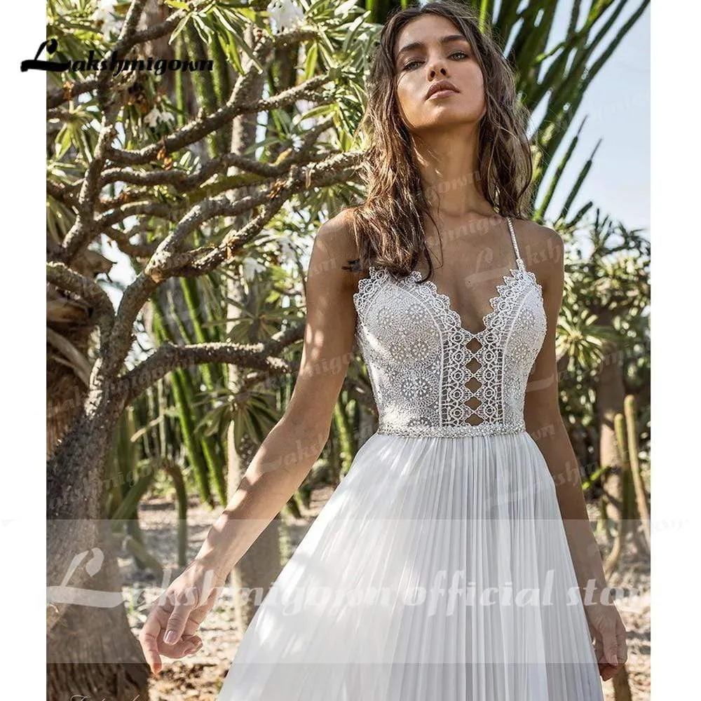Roycebridal Back Open V Neck Lace Chiffon Wedding Dresses