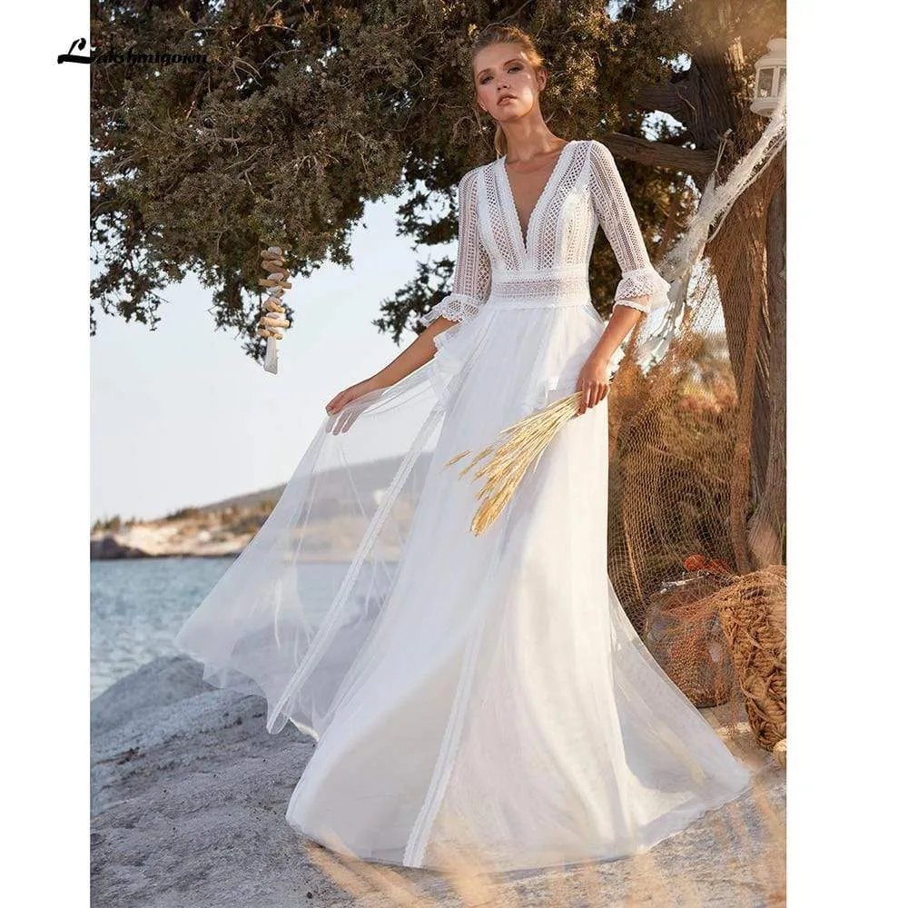 Roycebridal Backless Bohemian style Three Quarter Wedding Dresses