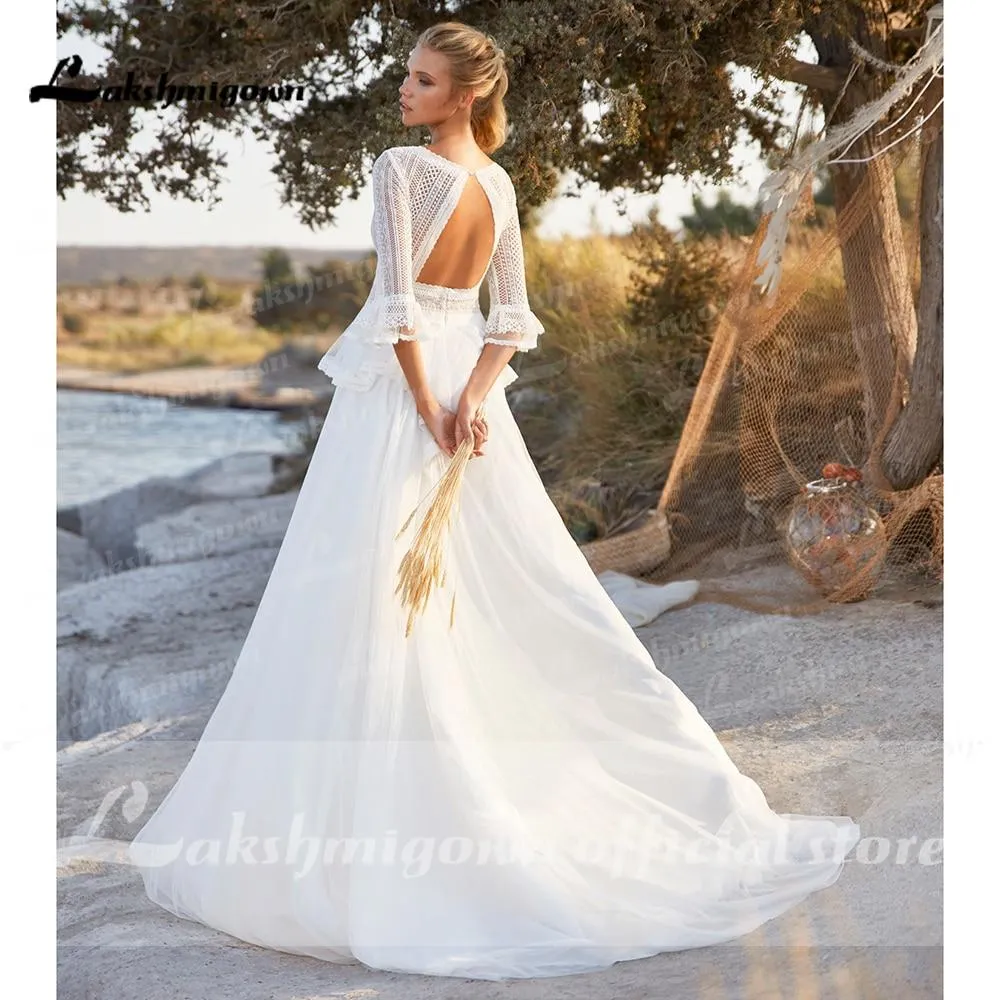 Roycebridal Backless Bohemian style Three Quarter Wedding Dresses