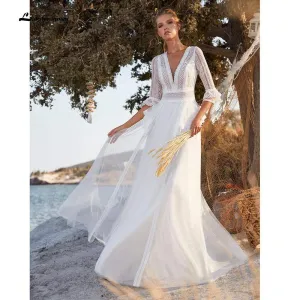 Roycebridal Backless Bohemian style Three Quarter Wedding Dresses