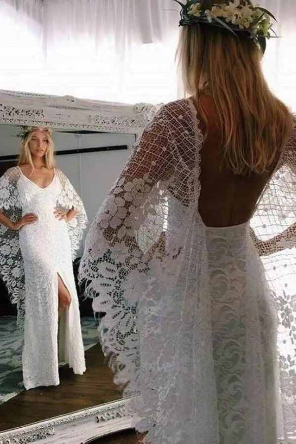 Roycebridal Batwing Sleeve Lace Rustic Wedding Dresses Ivory Sheath Boho Wedding Dresses,MW407