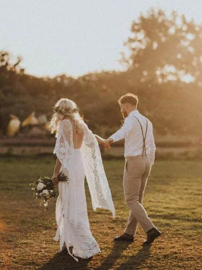 Roycebridal Batwing Sleeve Lace Rustic Wedding Dresses Ivory Sheath Boho Wedding Dresses,MW407