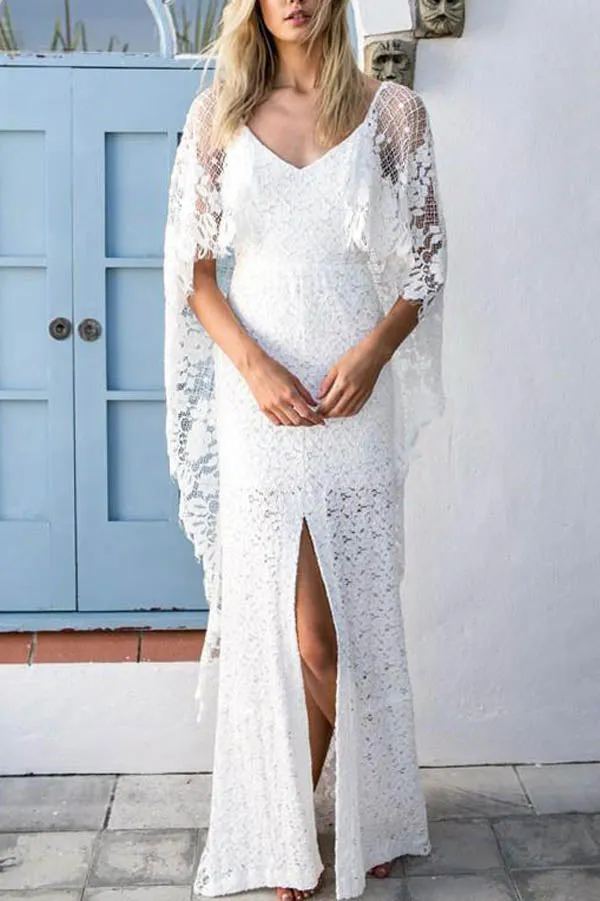 Roycebridal Batwing Sleeve Lace Rustic Wedding Dresses Ivory Sheath Boho Wedding Dresses,MW407