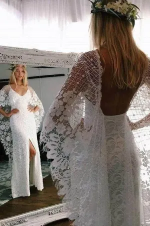 Roycebridal Batwing Sleeve Lace Rustic Wedding Dresses Ivory Sheath Boho Wedding Dresses,MW407