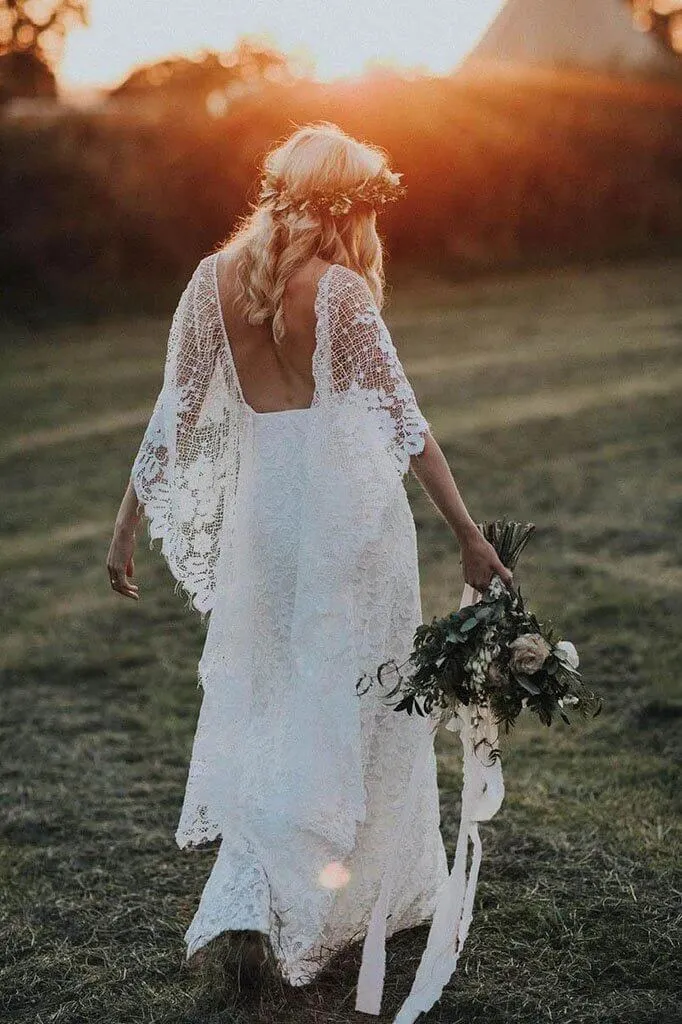Roycebridal Batwing Sleeve Lace Rustic Wedding Dresses Ivory Sheath Boho Wedding Dresses,MW407
