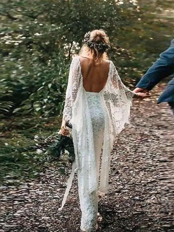 Roycebridal Batwing Sleeve Lace Rustic Wedding Dresses Ivory Sheath Boho Wedding Dresses,MW407