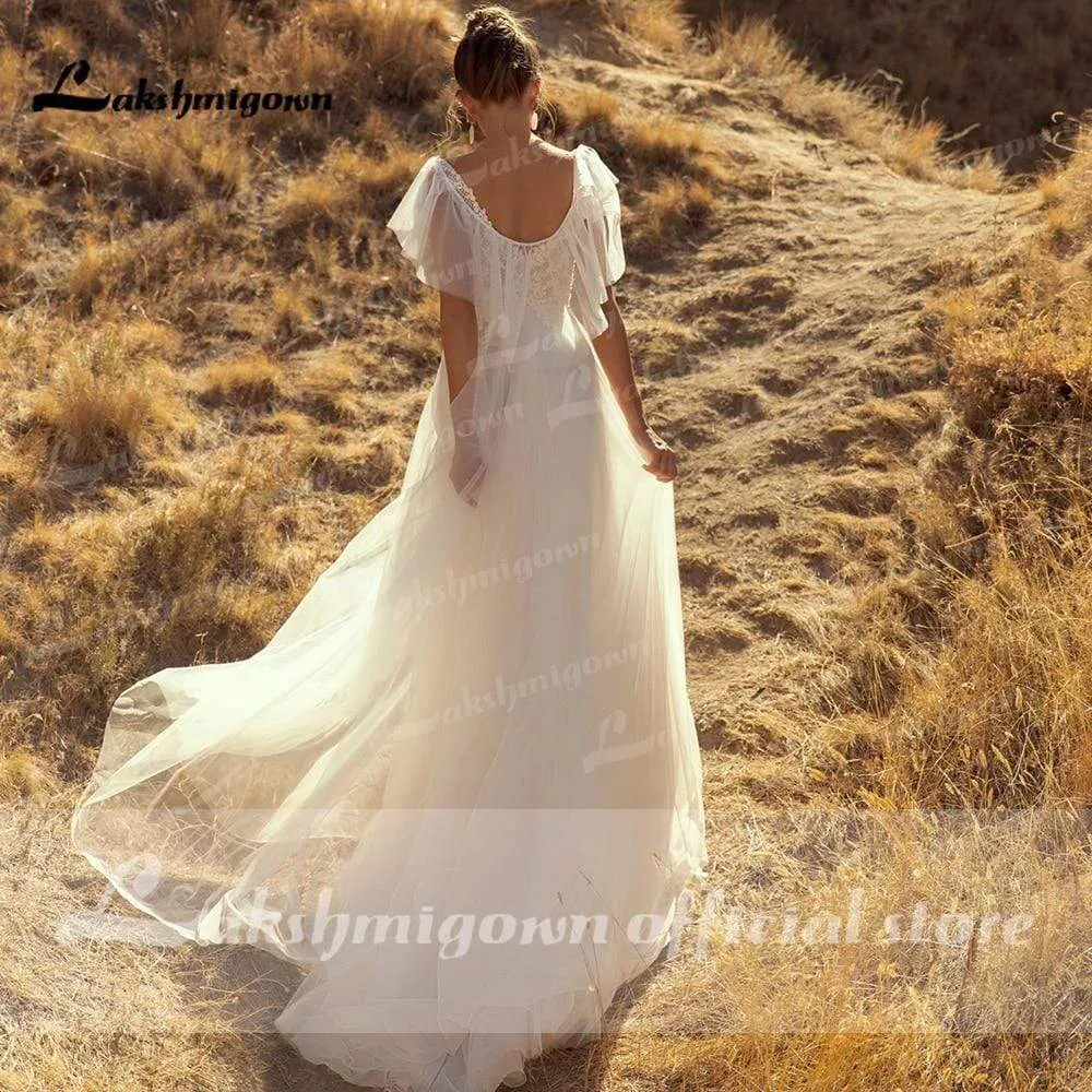 Roycebridal Beach Boho O Neck Lace Sleeveless Wedding Dresses