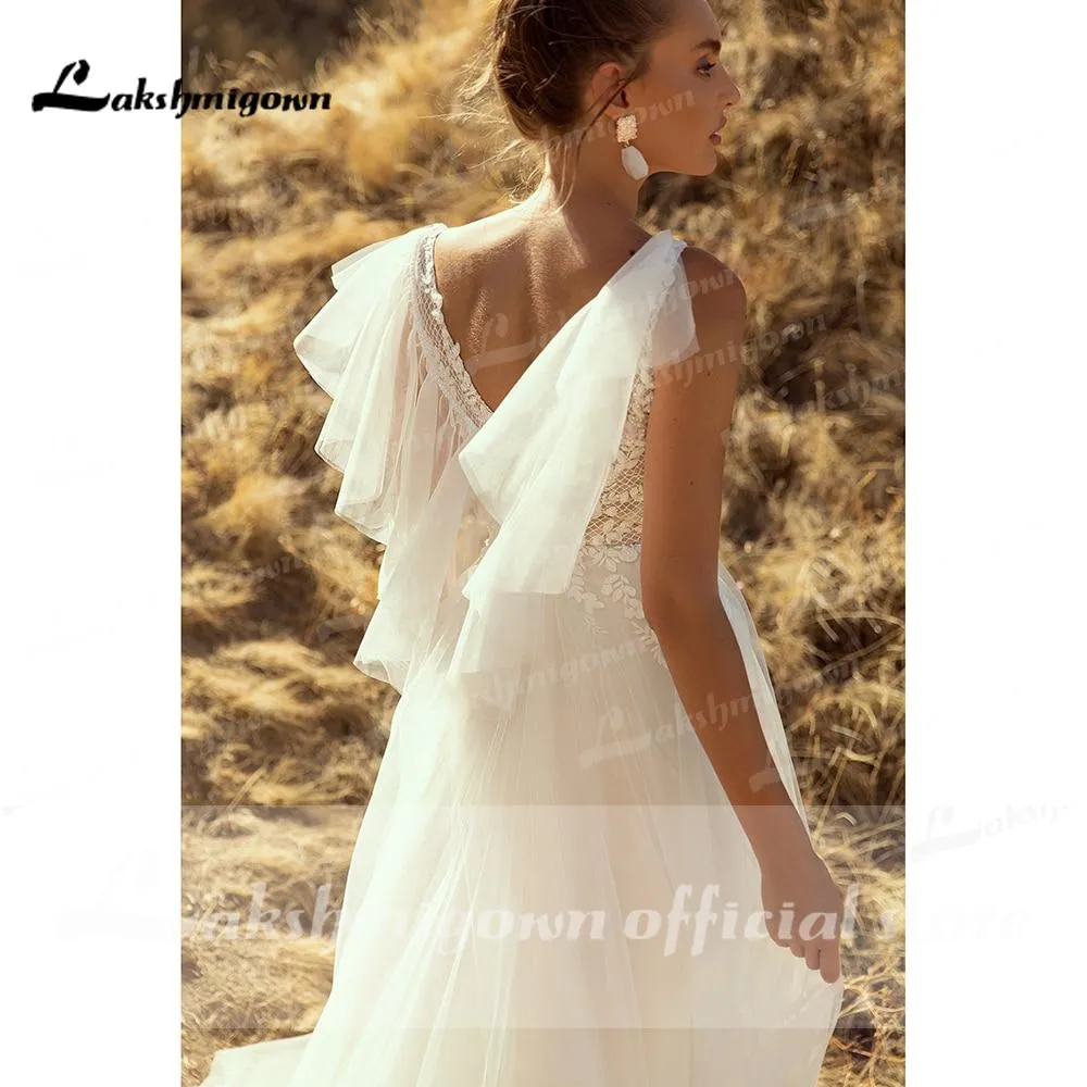 Roycebridal Beach Boho O Neck Lace Sleeveless Wedding Dresses