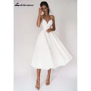 Roycebridal Beach Short Wedding Dress Soft Satin Spaghetti Strap A Line Bridal Wedding gown trouwjurk Vestidos de Nova wedding party dress