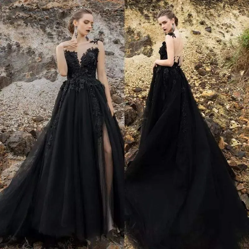 Roycebridal Black Gothic Wedding Dresses High Split Backless Lace