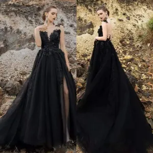 Roycebridal Black Gothic Wedding Dresses High Split Backless Lace