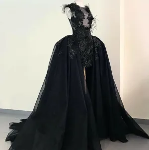 Roycebridal Black Ostrich Feather Mini Short Wedding Dress With Detachable Long Train Lace Appliques Lakshmigown Vestidos de Nova