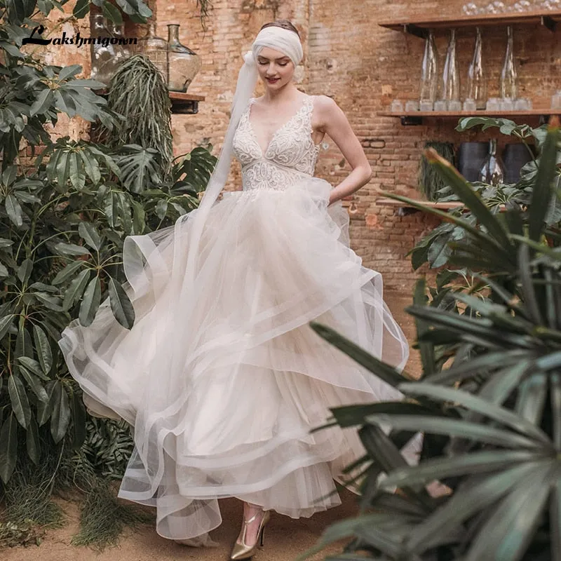 Roycebridal Boho Lace Wedding Dresses 2021 Lakshmigown Vestido de Noche New V Neck Luxury Beading Sexy Lace Bridal Gown Robe Mariee