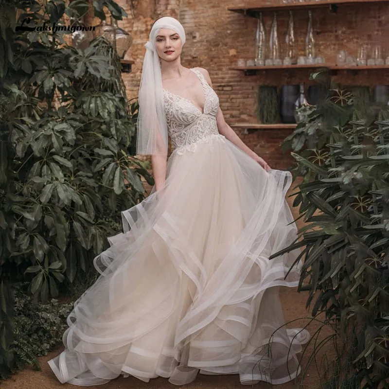 Roycebridal Boho Lace Wedding Dresses 2021 Lakshmigown Vestido de Noche New V Neck Luxury Beading Sexy Lace Bridal Gown Robe Mariee