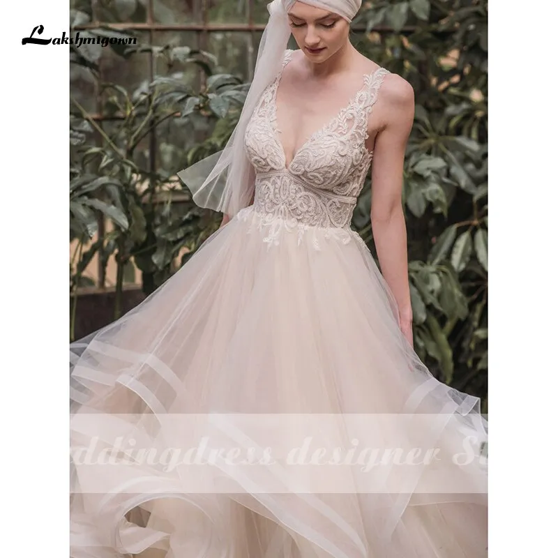 Roycebridal Boho Lace Wedding Dresses 2021 Lakshmigown Vestido de Noche New V Neck Luxury Beading Sexy Lace Bridal Gown Robe Mariee
