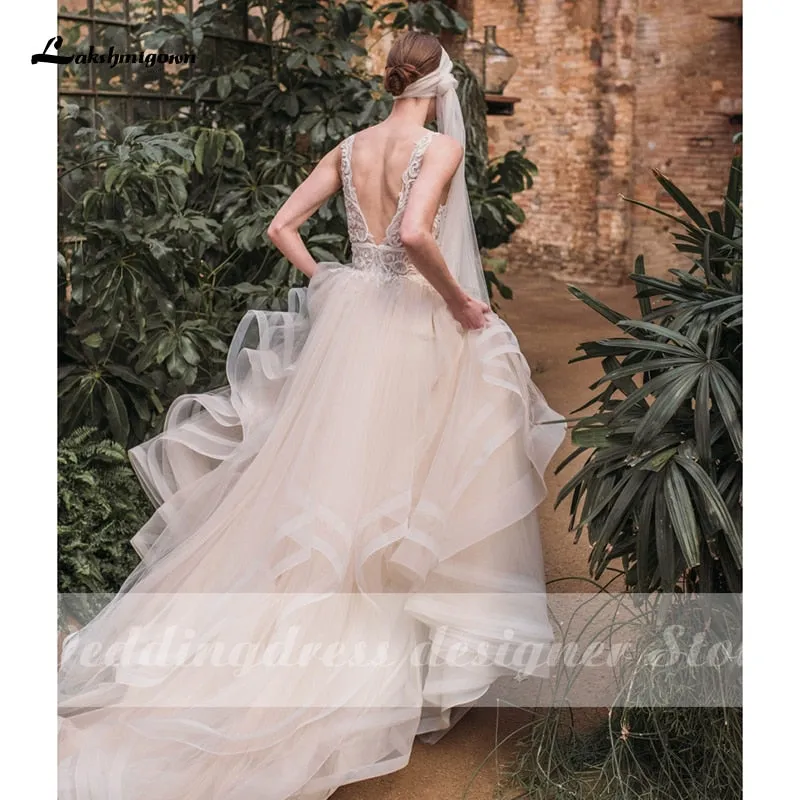 Roycebridal Boho Lace Wedding Dresses 2021 Lakshmigown Vestido de Noche New V Neck Luxury Beading Sexy Lace Bridal Gown Robe Mariee