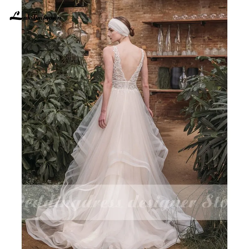 Roycebridal Boho Lace Wedding Dresses 2021 Lakshmigown Vestido de Noche New V Neck Luxury Beading Sexy Lace Bridal Gown Robe Mariee