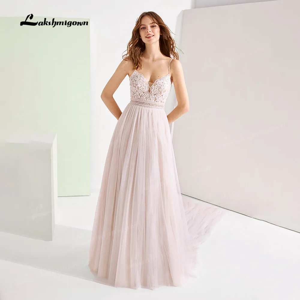 Roycebridal Boho Spaghetti Straps Wedding Dresses 2021 vestido de noiva Plus Size Beach Wedding Gowns Elagant Tulle A-line Bridal Dresses