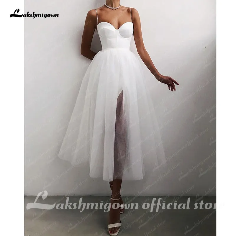Roycebridal Cheap A Line Short Wedding Dress 2021 Spaghetti Straps Simple Bride Dresses Tea Length Weddin Party Gowns