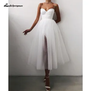 Roycebridal Cheap A Line Short Wedding Dress 2021 Spaghetti Straps Simple Bride Dresses Tea Length Weddin Party Gowns