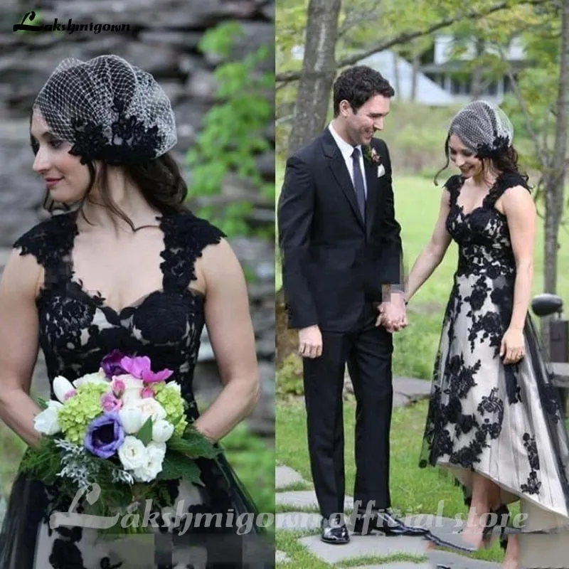 Roycebridal Country Lace Hi-lo Wedding Dresses Sexy Gothic Black Long Garden Bridal Gowns A-line Boho Vintage Wedding Gowns