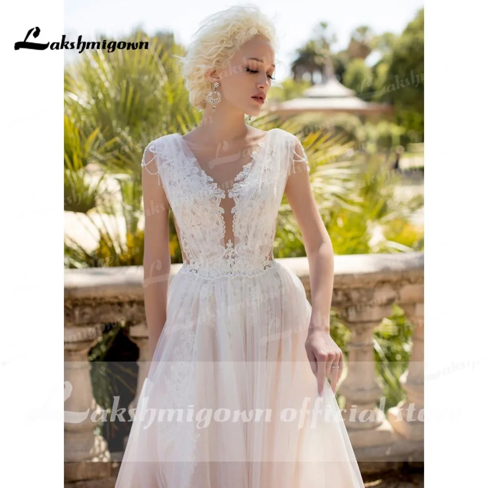 Roycebridal Deep V Neck Lace Beading Pleats Blush Pink Wedding Dresses