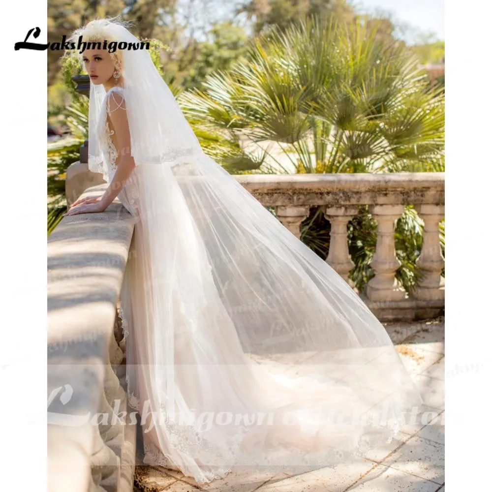Roycebridal Deep V Neck Lace Beading Pleats Blush Pink Wedding Dresses