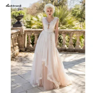 Roycebridal Deep V Neck Lace Beading Pleats Blush Pink Wedding Dresses