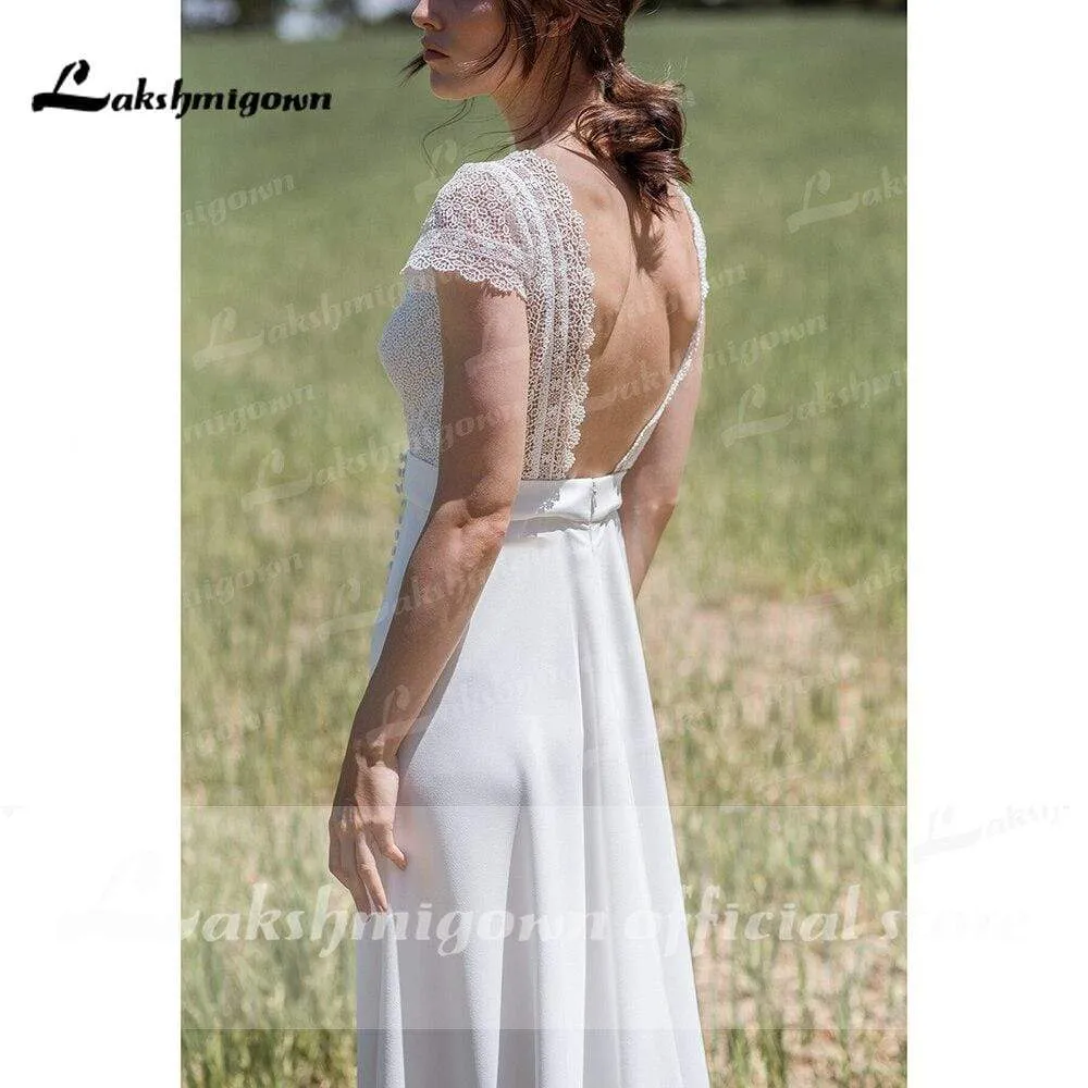 Roycebridal Deep V Neck Lace Bocide Short Sleeve Buttons Wedding Dresses
