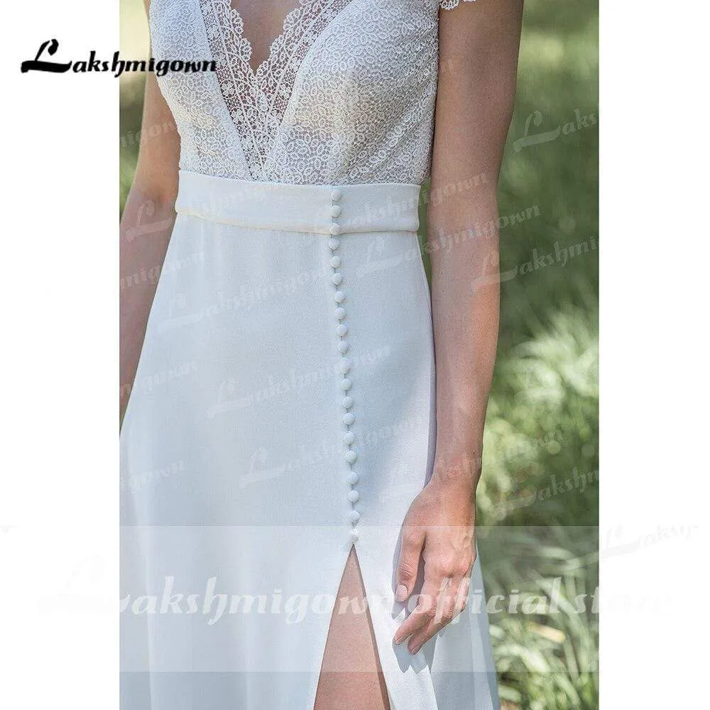 Roycebridal Deep V Neck Lace Bocide Short Sleeve Buttons Wedding Dresses