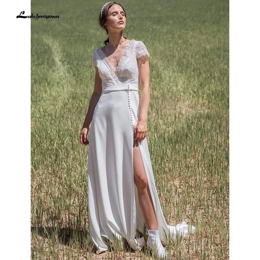 Roycebridal Deep V Neck Lace Bocide Short Sleeve Buttons Wedding Dresses