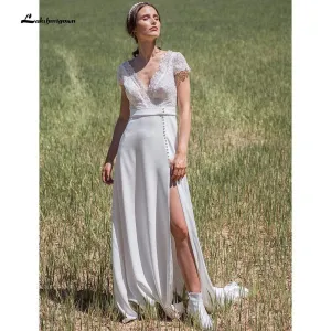 Roycebridal Deep V Neck Lace Bocide Short Sleeve Buttons Wedding Dresses