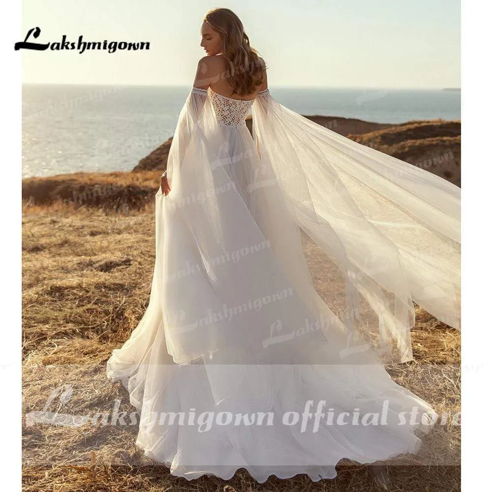 Roycebridal Deep V Neck Lace Sexy Tulle Sleeveless Boho Wedding Dresses