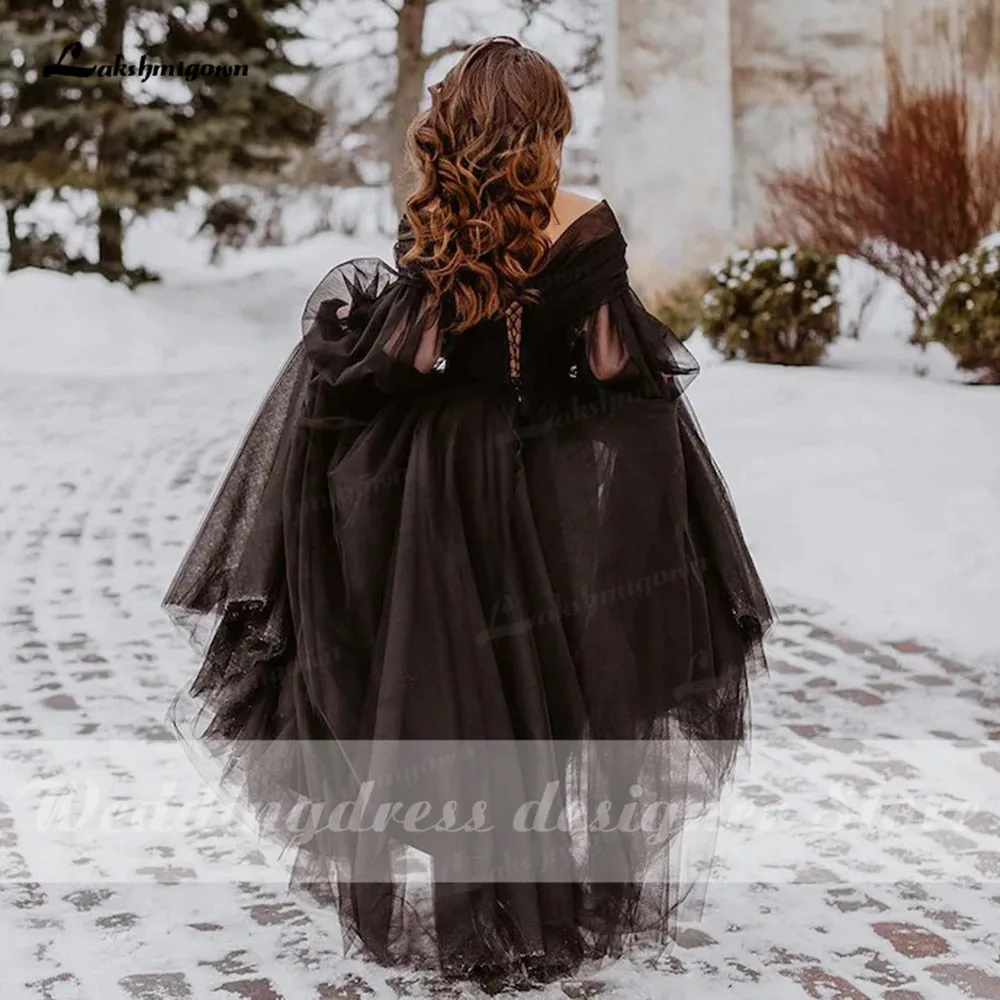 Roycebridal Fantasy Black Wedding Dresses with Long Sleeves Winter Solstice Elopement Gothic Bridal Gown for Halloween Witchy Vestido Novia