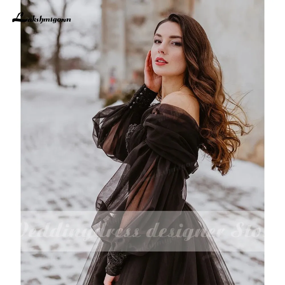 Roycebridal Fantasy Black Wedding Dresses with Long Sleeves Winter Solstice Elopement Gothic Bridal Gown for Halloween Witchy Vestido Novia