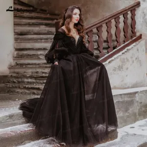 Roycebridal Fantasy Black Wedding Dresses with Long Sleeves Winter Solstice Elopement Gothic Bridal Gown for Halloween Witchy Vestido Novia