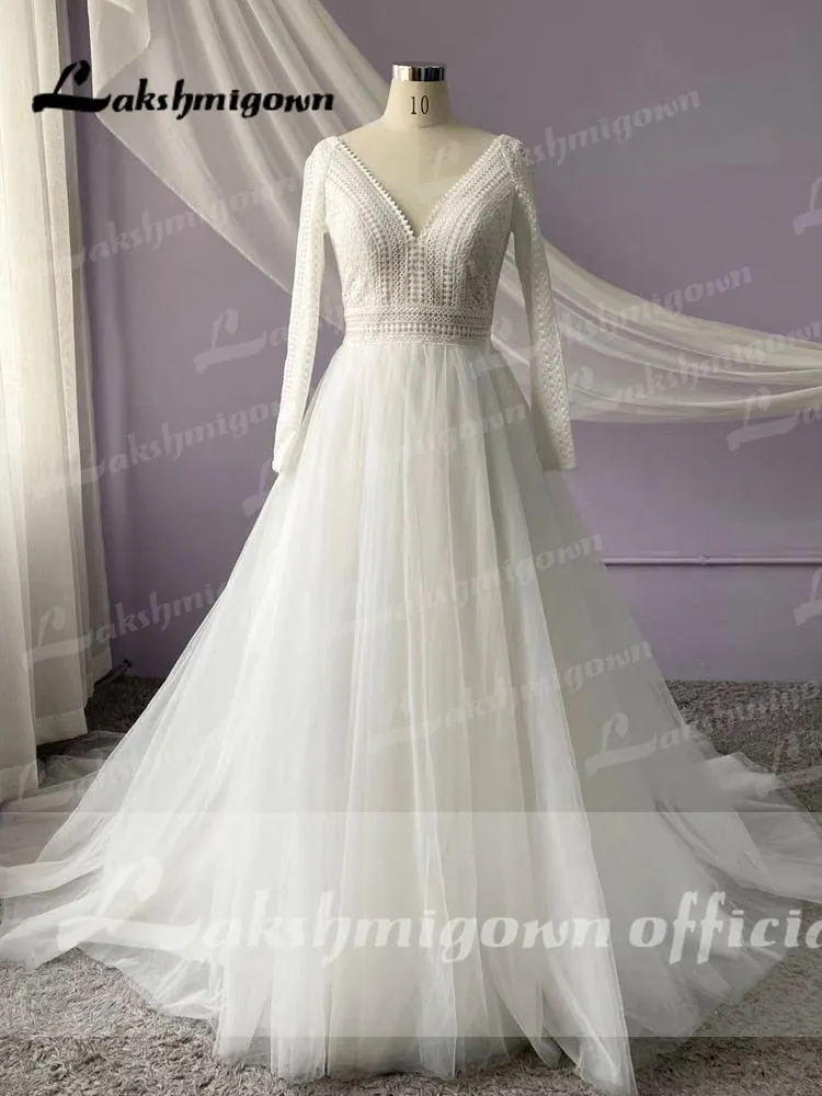 Roycebridal Gorgeous Lace Wedding Dress with Long Sleeves V Neck Appliqued Off White Bridal Gown Princess Vestido de Novia