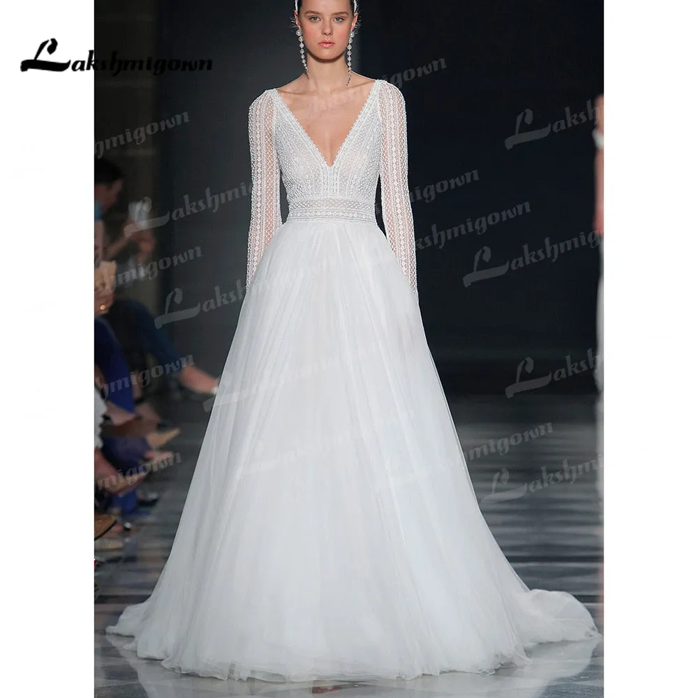 Roycebridal Gorgeous Lace Wedding Dress with Long Sleeves V Neck Appliqued Off White Bridal Gown Princess Vestido de Novia