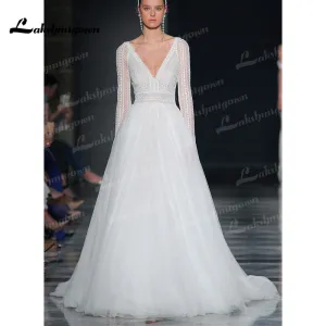 Roycebridal Gorgeous Lace Wedding Dress with Long Sleeves V Neck Appliqued Off White Bridal Gown Princess Vestido de Novia