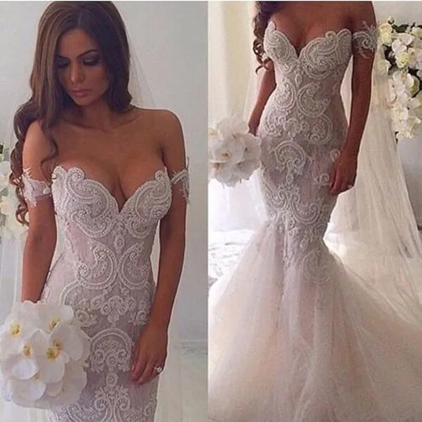 Roycebridal Gorgeous Mermaid Lace Off Shoulder Wedding Dresses, Bridal Gown, MW595