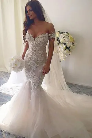 Roycebridal Gorgeous Mermaid Lace Off Shoulder Wedding Dresses, Bridal Gown, MW595