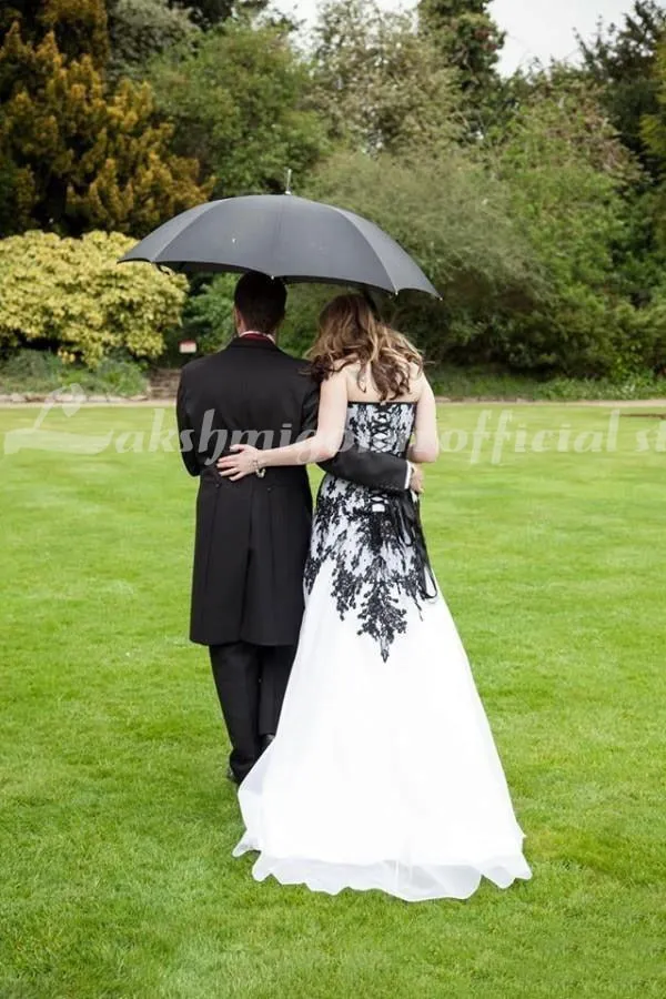 Roycebridal Gothic Wedding Dresses Vintage Cheap Bridal Gowns Black Lace and White Chiffon Garden Brides Dress Sweetheart Lace-up