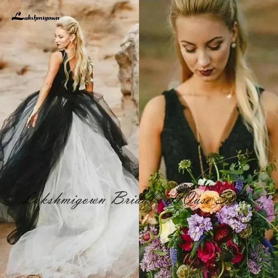 Roycebridal Gothic Women Black and White Wedding Dress 2021 Vestido de Novia Civil Bridal Tulle Wedding Gowns V neck Lace Appliques
