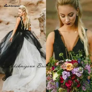 Roycebridal Gothic Women Black and White Wedding Dress 2021 Vestido de Novia Civil Bridal Tulle Wedding Gowns V neck Lace Appliques
