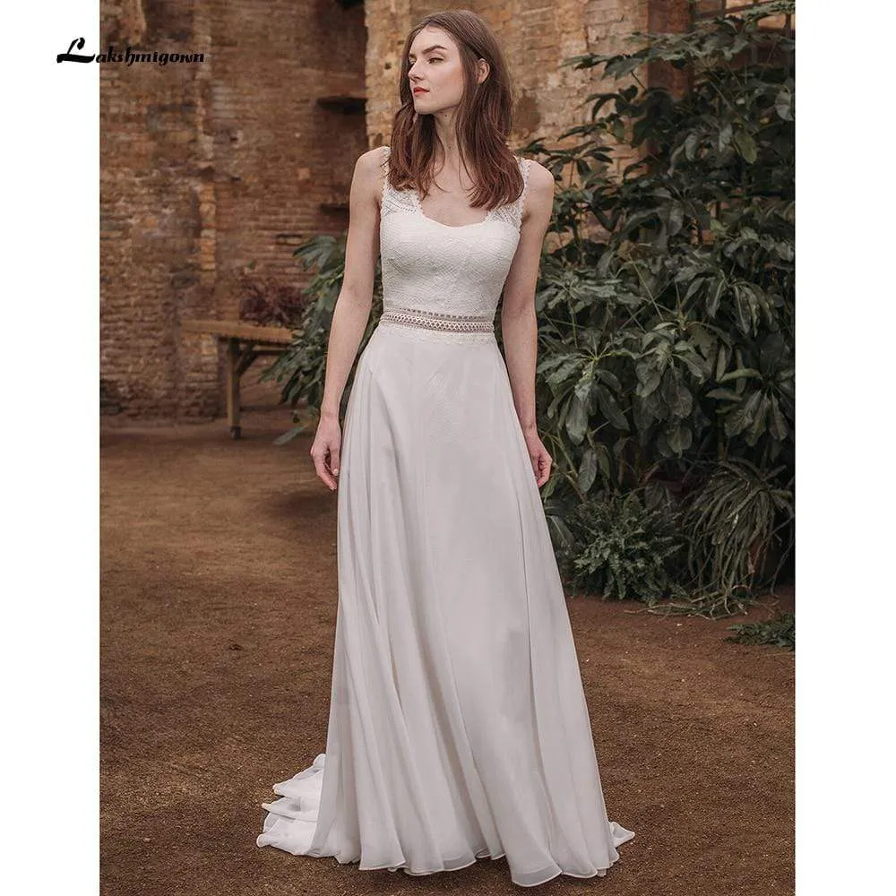 Roycebridal High Split Lace Chiffon Backless Off Shoulder Wedding Dresses