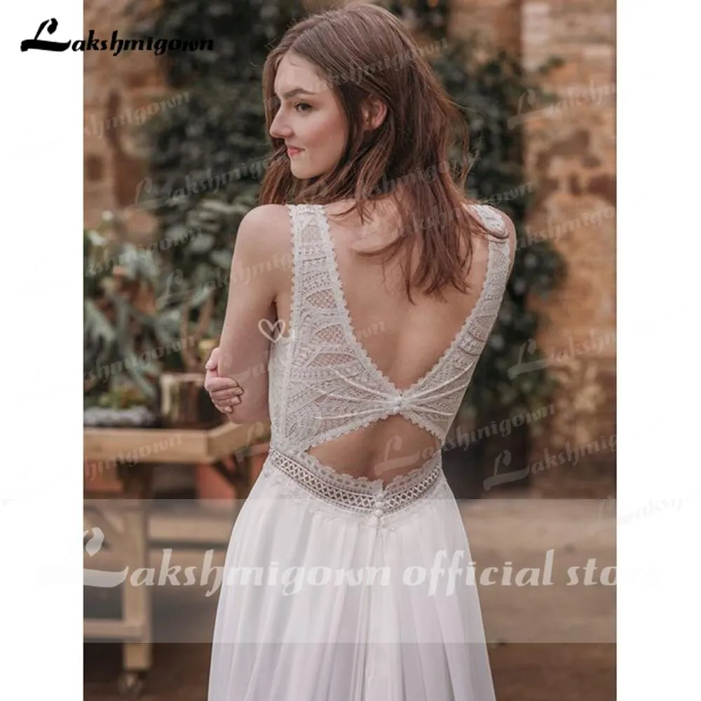 Roycebridal High Split Lace Chiffon Backless Off Shoulder Wedding Dresses