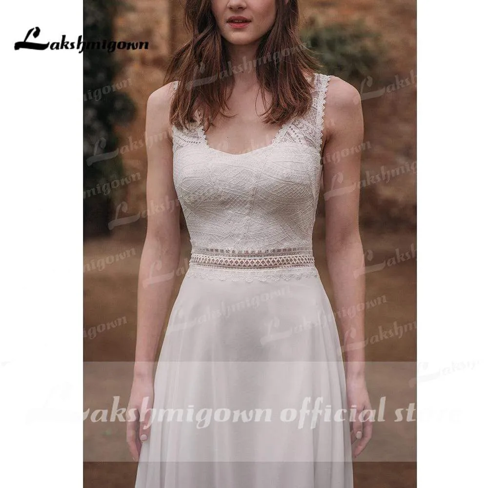 Roycebridal High Split Lace Chiffon Backless Off Shoulder Wedding Dresses