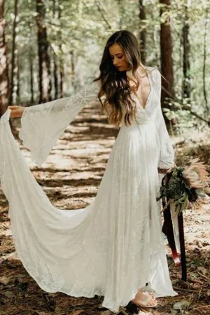 Roycebridal Ivory Lace A-line V-neck Long Sleeves Sweep Train Boho Wedding Dresses, MW766