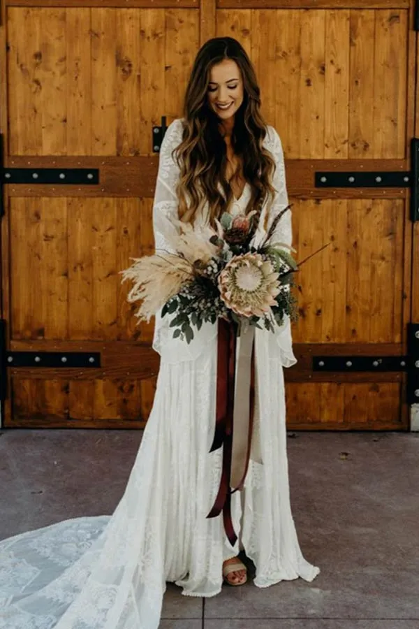 Roycebridal Ivory Lace A-line V-neck Long Sleeves Sweep Train Boho Wedding Dresses, MW766