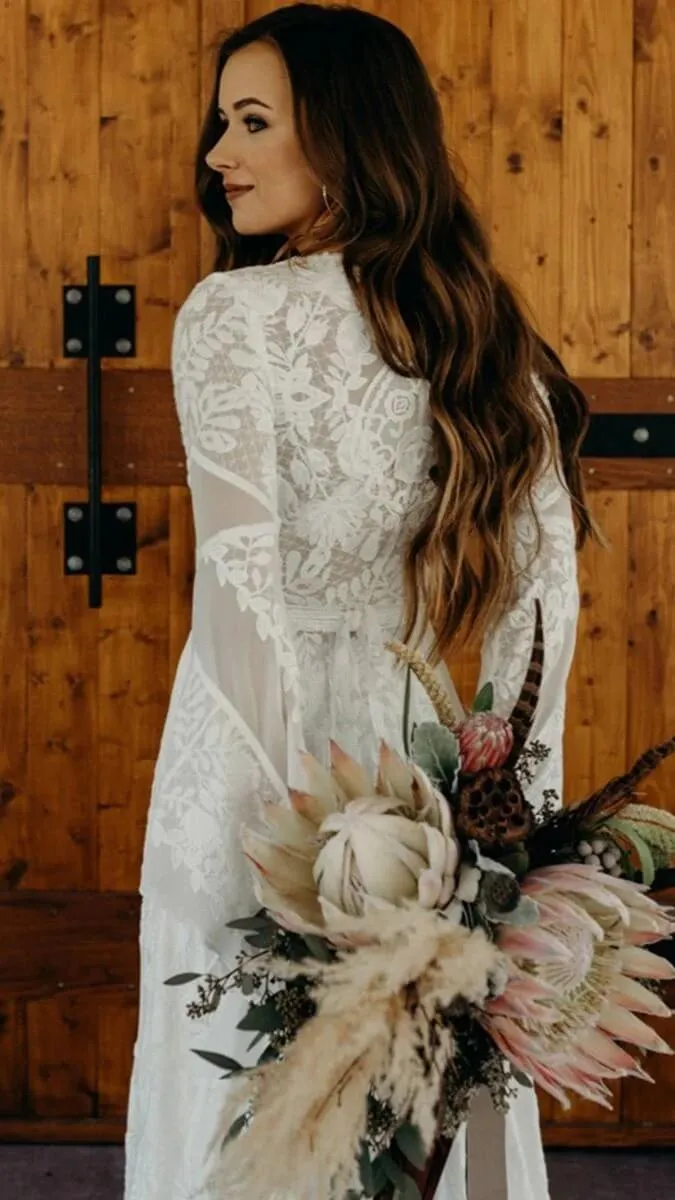 Roycebridal Ivory Lace A-line V-neck Long Sleeves Sweep Train Boho Wedding Dresses, MW766